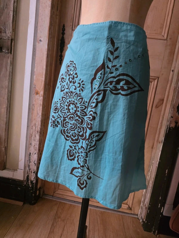 Vintage Y2K Turquoise Cotton Floral Print Skirt | UK 12 | Boho Summer A-Line uk12