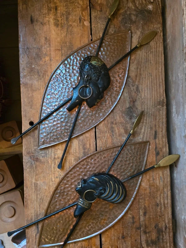 RARE Vintage Pair Richard Rohac Wall Sculptures Bronze Brass Shield Spears Art Deco / Mid Century