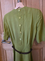 Load image into Gallery viewer, Late 1930s / Early 1940s Rembrandt Green Dress – Fitted Waist, Button Back, Pleated Skirt XS
