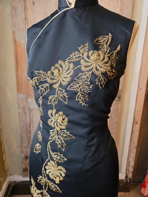 Vintage 1960s Black & Gold Hand-Beaded Cheongsam Dress