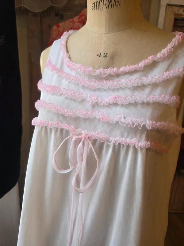 Vintage 1960s White Pink Ruffle Negligee Sheer Babydoll Nightdress Slip Nightie Lingerie Boudoir