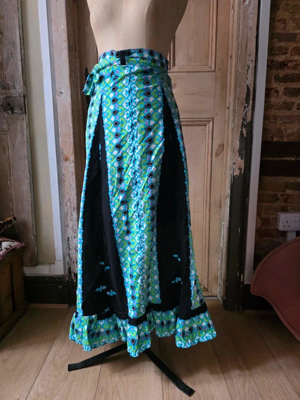 Vintage 1970s Cotton Wrap Maxi Skirt | Psychedelic Paisley Boho Festival | Adjustable Waist uk6-12