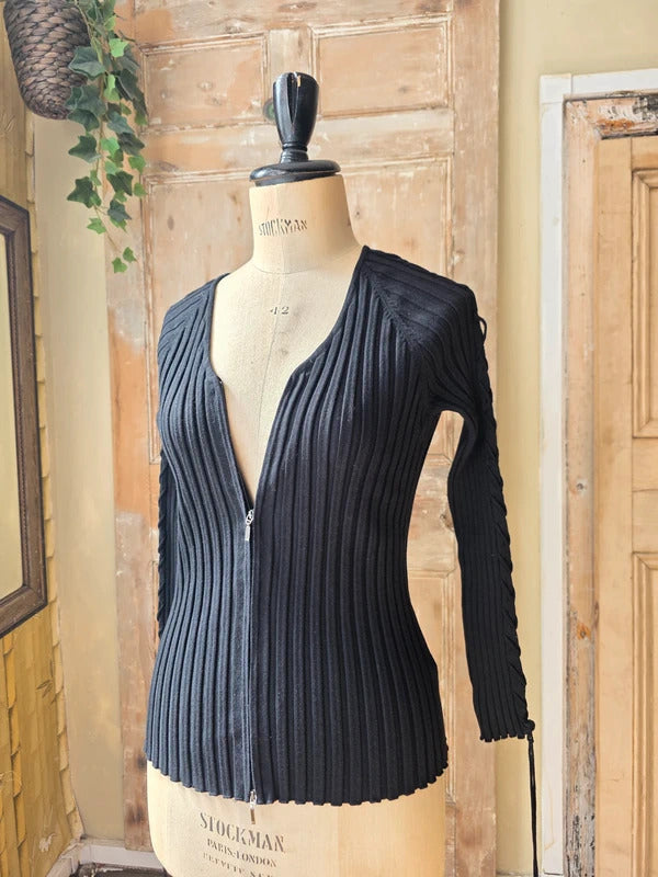 Vintage  y2k Belldini Black Ribbed Zip-Up Knit Cardigan Sweater Cable-Detail Sleeve