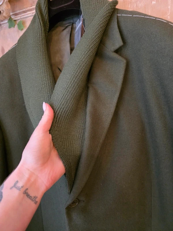 Bottega Veneta Olive Wool Blazer Detachable Ribbed Knit Shawl Collar 44"