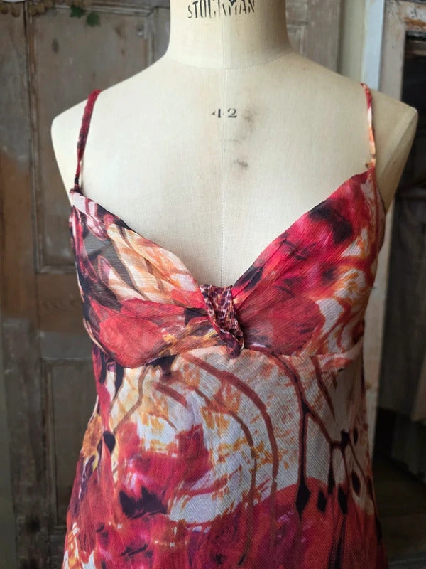 Vintage Y2K fairycore Sandro Ferrone Silk Slip Dress | Red Floral Bias Cut | Made in Italy | Boho Midi | UK 10