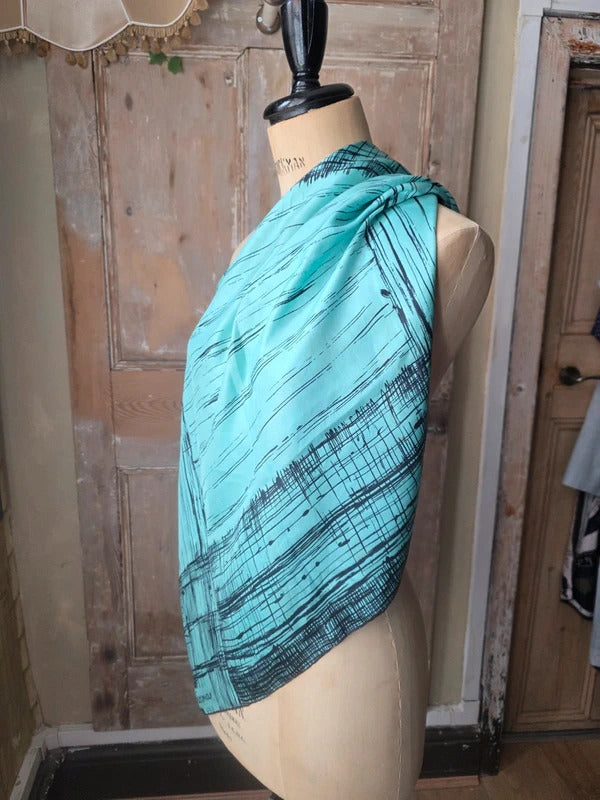 Vintage Silk Jacqmar Blue Scarf - Turquoise Crosshatch Print