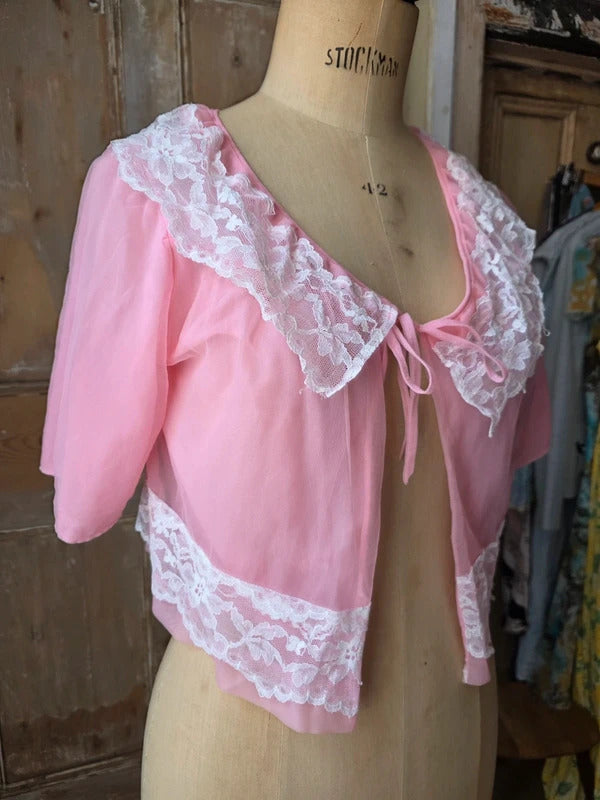 Vintage 1960s White Lace Collar & Trim Pink Nylon Bed Jacket