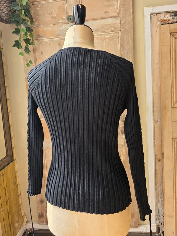 Vintage  y2k Belldini Black Ribbed Zip-Up Knit Cardigan Sweater Cable-Detail Sleeve