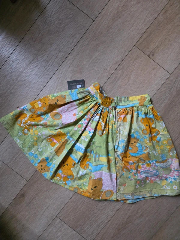 Vintage Handmade Novelty Print Cotton Skater Skirt | Teddy Bear Picnic | Upcycled | UK 8–10