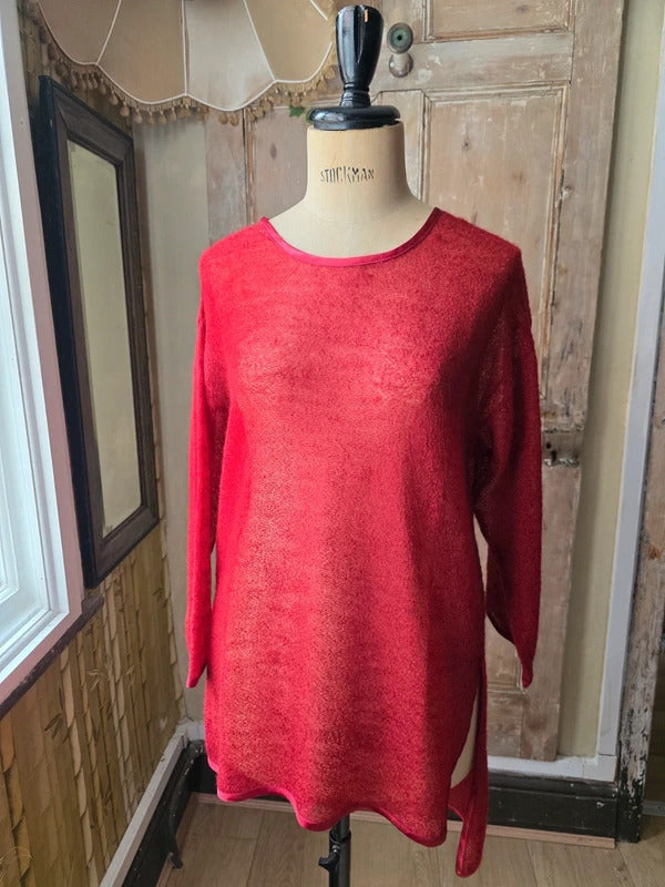 Vintage Red Italian Boucle Wool & Silk Sheer Jumper Large