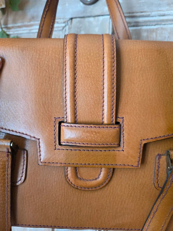 Vintage 1970s Tan Leather Satchel Contrast Stitch Briefcase Bag