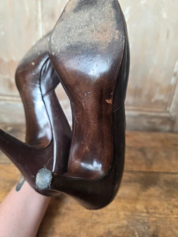 Vintage Bruno Magli Dark Brown Leather Court Shoes – Made in Italy – UK 4.5 – Classic Designer Heels