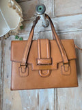 Vintage 1970s Tan Leather Satchel Contrast Stitch Briefcase Bag