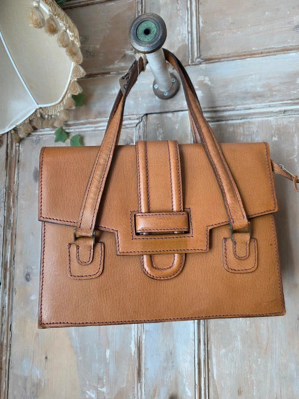 Vintage 1970s Tan Leather Satchel Contrast Stitch Briefcase Bag
