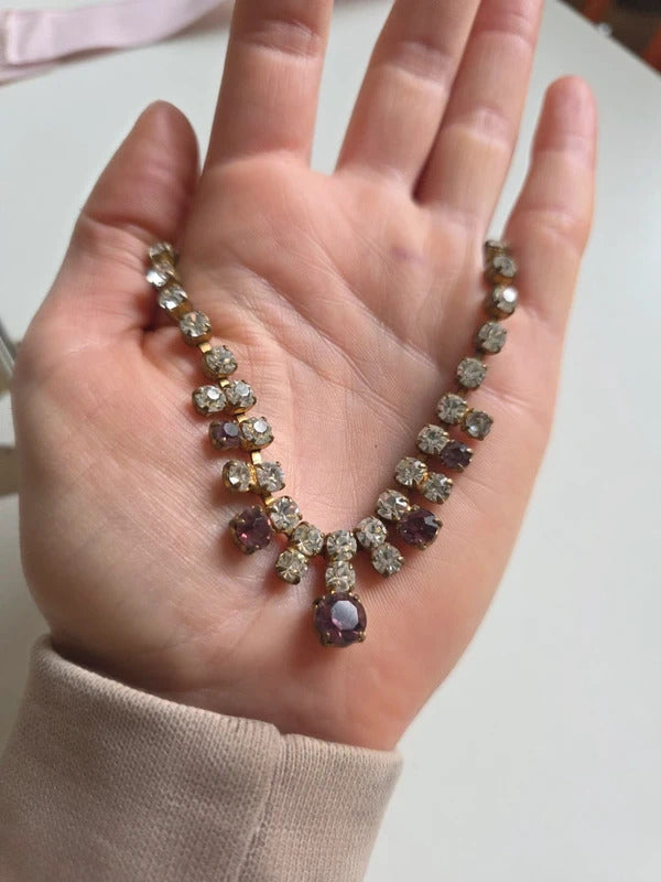 Vintage 1950s Rhinestone Necklace with Amethyst Tone Drops
