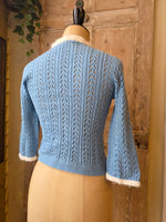 Load image into Gallery viewer, Vintage 1950s Hand-Knitted Powder Blue Cardigan with White Trim – UK 10/12
