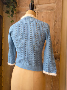 Vintage 1950s Hand-Knitted Powder Blue Cardigan with White Trim – UK 10/12