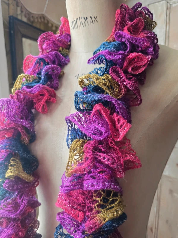 Vintage Y2K Multi-Coloured Crochet Skinny Ruffle Scarf
