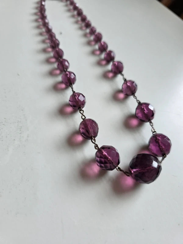 Vintage 1930s Art Deco Czech Purple Faceted Glass Necklace with Brass Closure