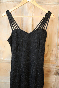 Vintage 1990s "Gina Bacconi" black silk beaded evening dress