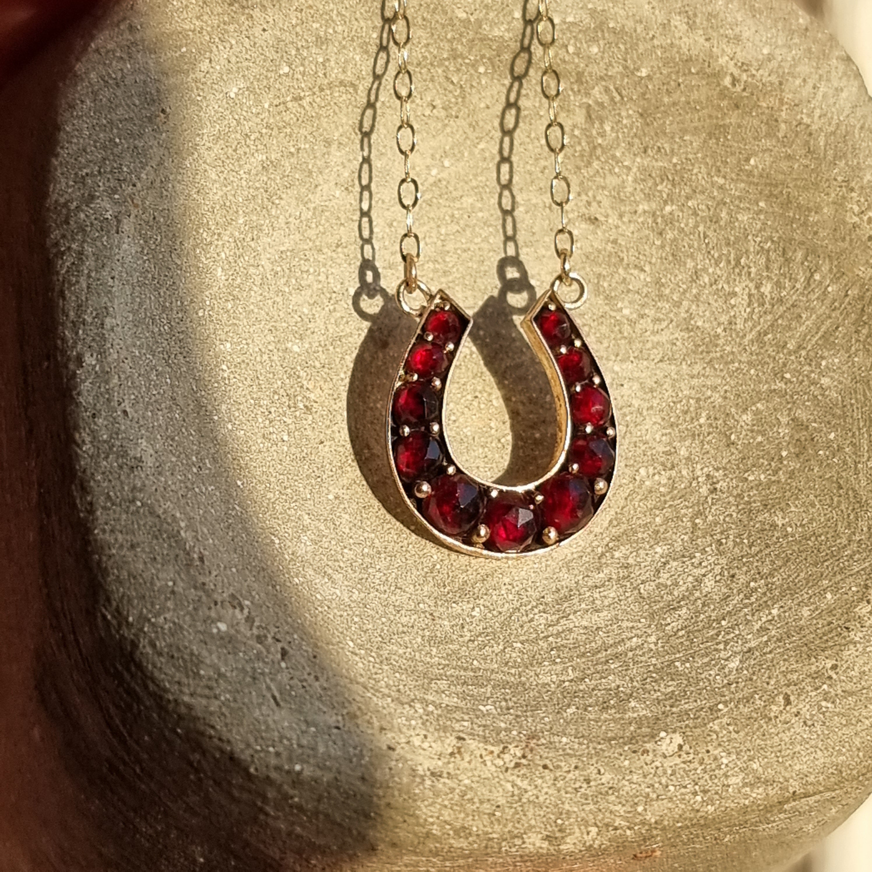 Antique gold necklace Victorian horseshoe pendant Garnet 9ct The Siren Vintage
