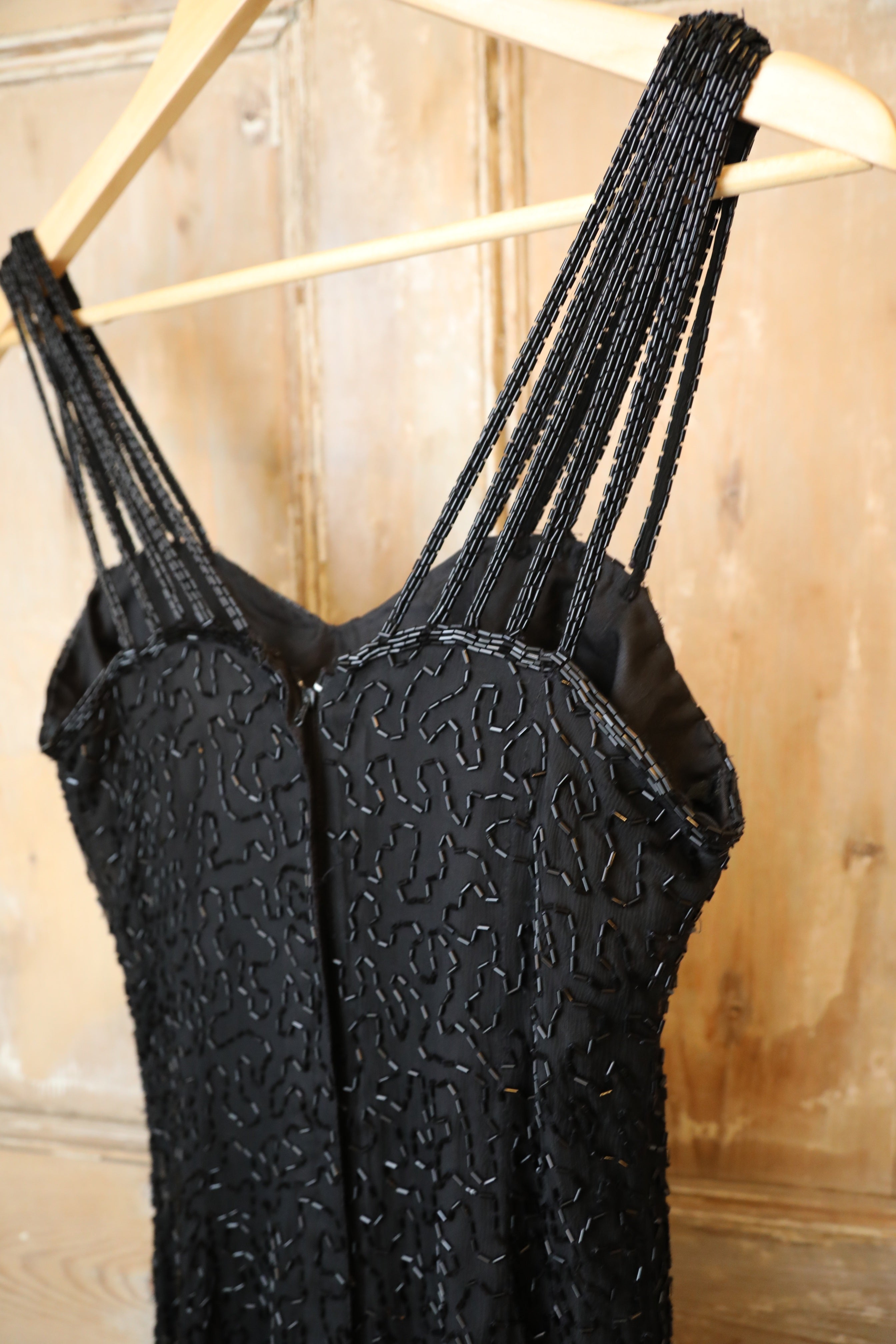 Vintage 1990s "Gina Bacconi" black silk beaded evening dress